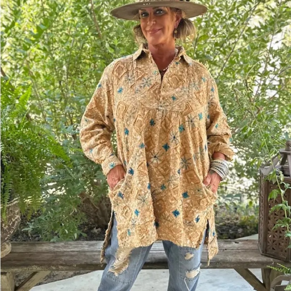 Embroidered Golden Yellow Button-Front Tunic with Teal Accents